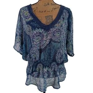 ana Top MED Blue Floral Print Semi Sheer Ruch Waist Crochet Neckline Blouse
